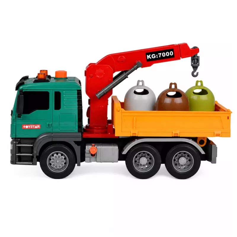 LEAN TOYS Camião de recolha de resíduos com grua, contentores, tração por fricção, luz e som