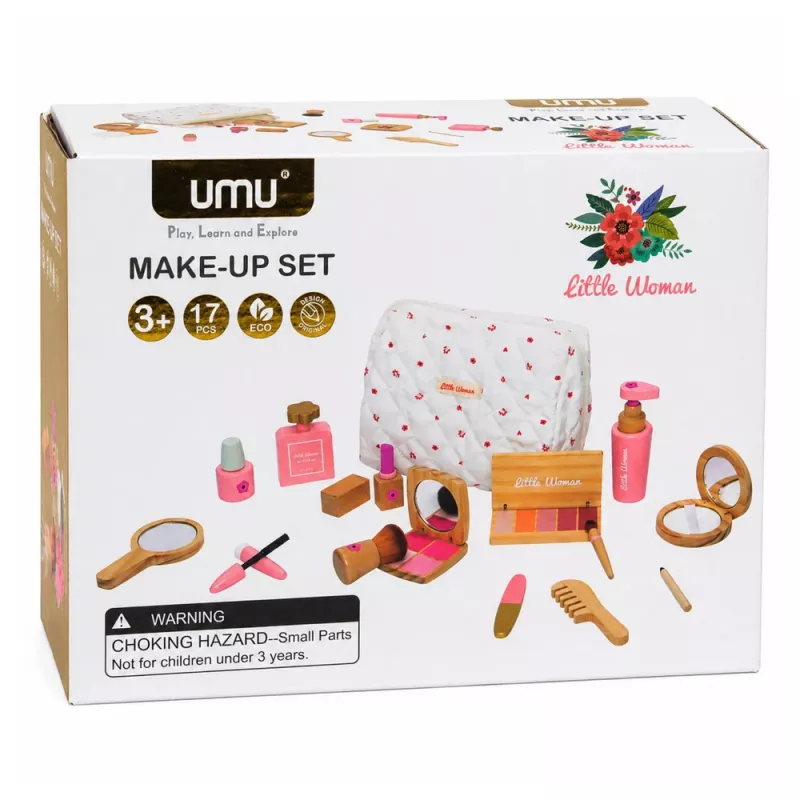 LEAN TOYS Conjunto de beleza de madeira para meninas com bolsa de cosmética branca, 17 peças