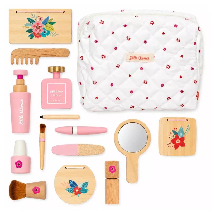 LEAN TOYS Conjunto de beleza de madeira para meninas com bolsa de cosmética branca, 17 peças