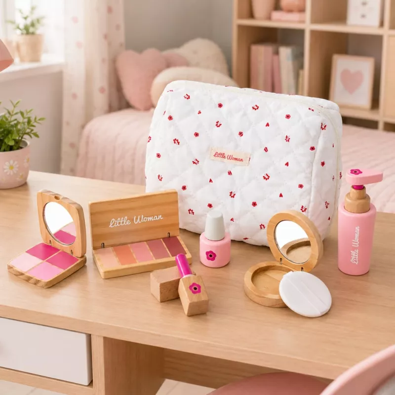 LEAN TOYS Conjunto de beleza de madeira para meninas com bolsa de cosmética branca, 17 peças