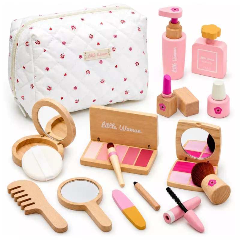 LEAN TOYS Conjunto de beleza de madeira para meninas com bolsa de cosmética branca, 17 peças