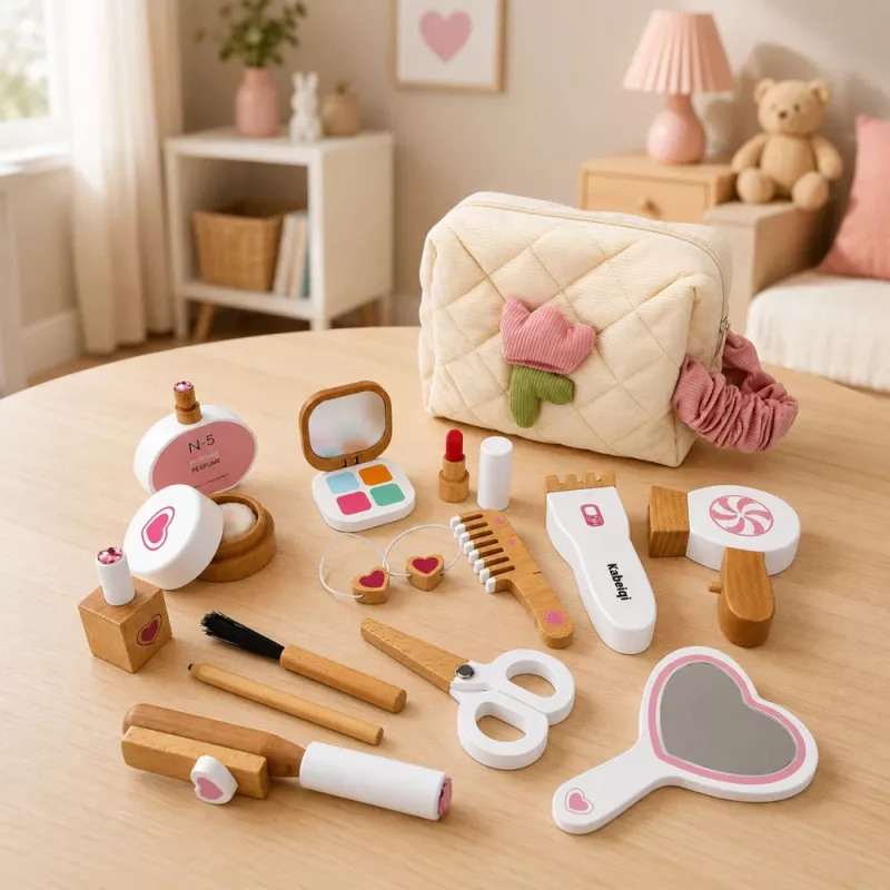LEAN TOYS Conjunto de beleza de madeira com maquilhagem e bolsa de cosmética, acessórios 16 unid.