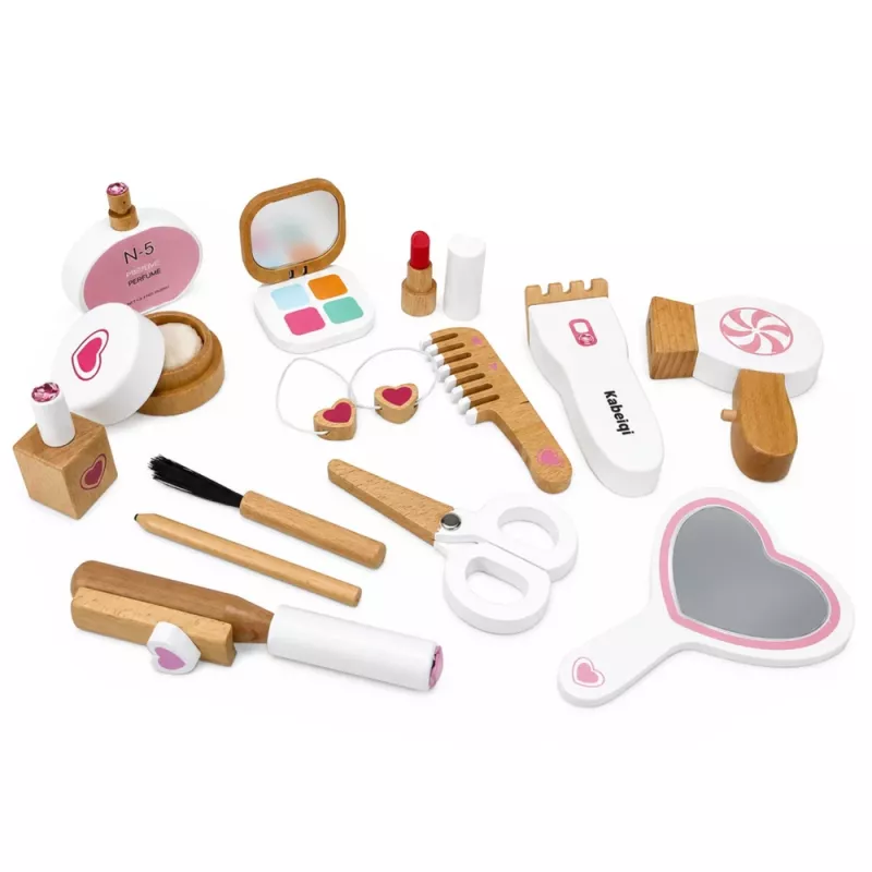 LEAN TOYS Conjunto de beleza de madeira com maquilhagem e bolsa de cosmética, acessórios 16 unid.