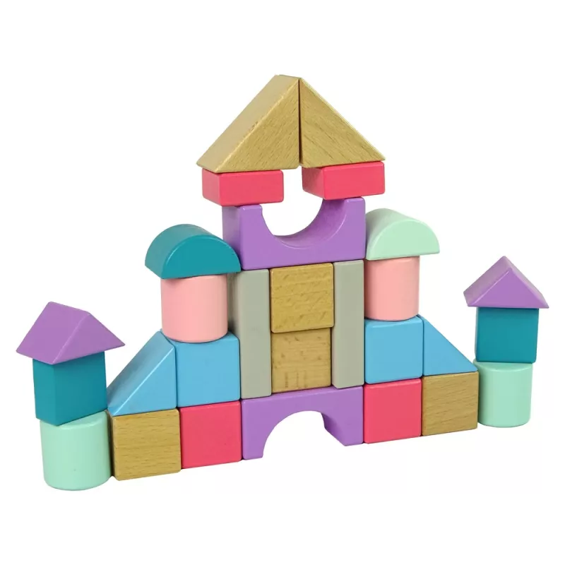 LEAN TOYS Blocos de construção de madeira cores pastel 28 peças castelo