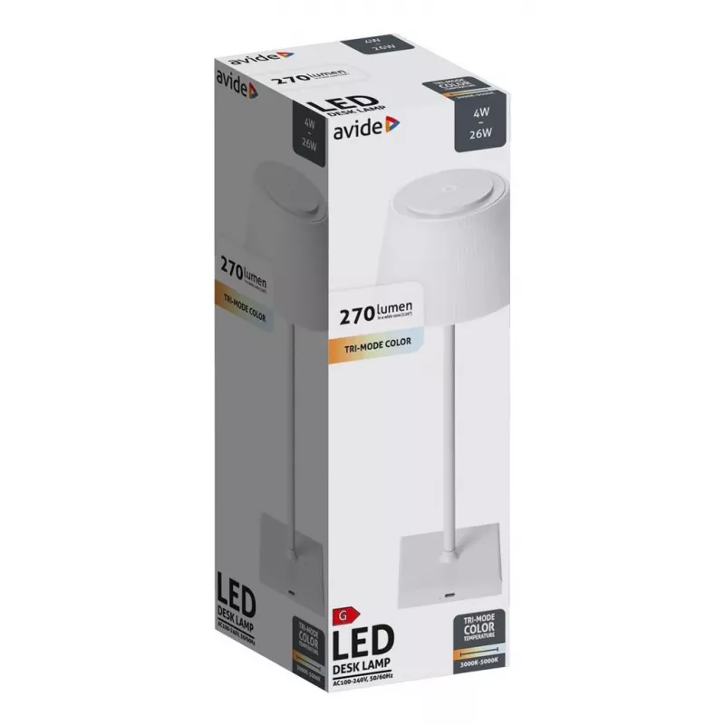 Candeeiro de mesa LED Avide, USB, 4 W, cor da luz em 3 níveis, branco
