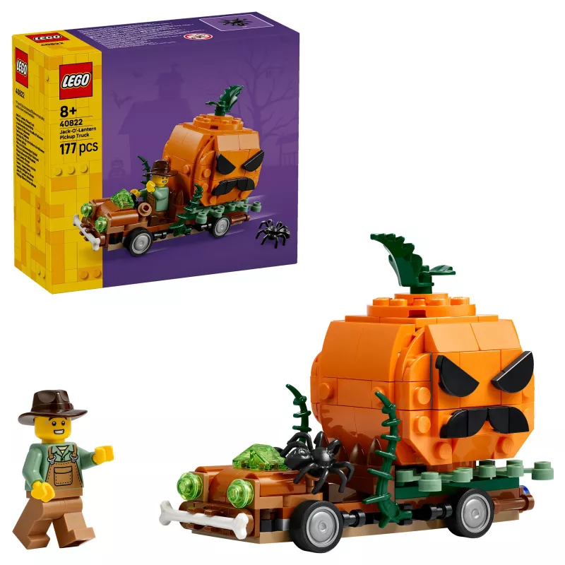 Conjunto de construção LEGO 40822 Jack-O'-Lantern Pickup Truck – 200 peças, minifigura de espantalho, modelo de decoração de Halloween