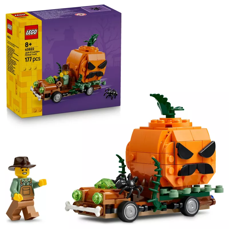 Conjunto de construção LEGO 40822 Jack-O'-Lantern Pickup Truck – 200 peças, minifigura de espantalho, modelo de decoração de Halloween