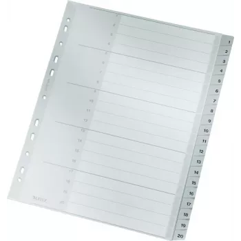 Separadores LEITZ 1284 A4 extralargos numerados 1-20, cinzentos, 20 peças, polipropileno, 0,12 mm, com folha de rosto para escrever 1284-00