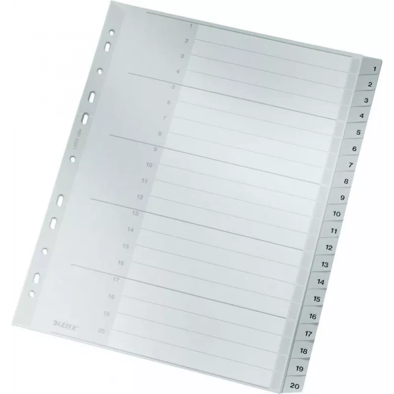 Separadores LEITZ 1284 A4 extralargos numerados 1-20, cinzentos, 20 peças, polipropileno, 0,12 mm, com folha de rosto para escrever 1284-00