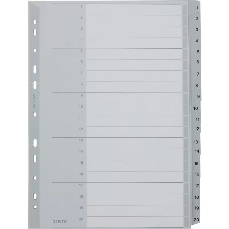 Separadores LEITZ 1284 A4 extralargos numerados 1-20, cinzentos, 20 peças, polipropileno, 0,12 mm, com folha de rosto para escrever 1284-00