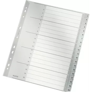 Separadores LEITZ 1284 A4 extralargos numerados 1-20, cinzentos, 20 peças, polipropileno, 0,12 mm, com folha de rosto para escrever 1284-00