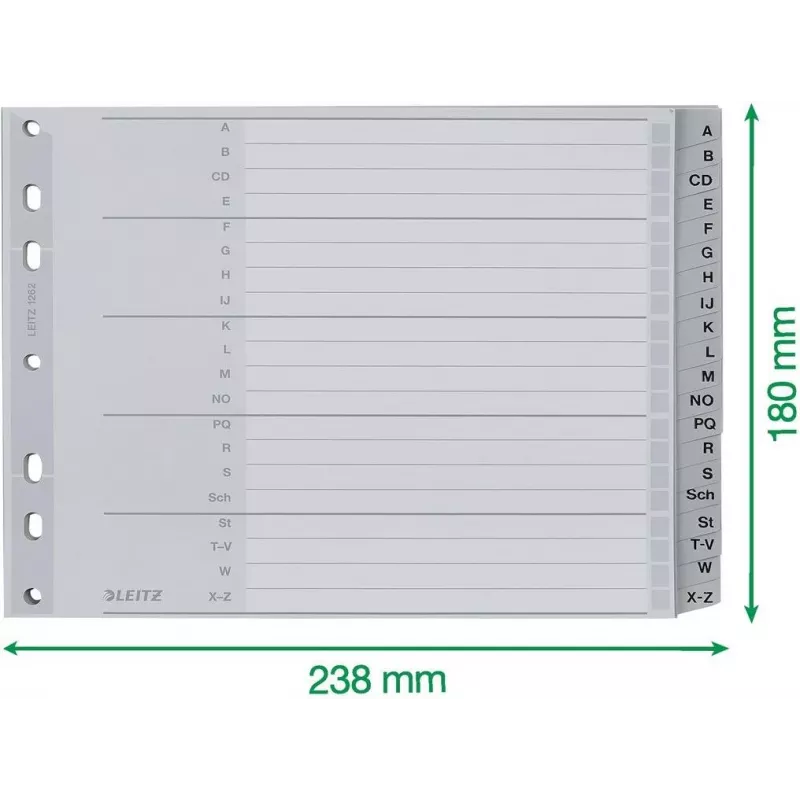 Leitz separador alfabético A-Z, A4, separadores em plástico cinzento sobre cartão 250 g/m², 20 partes, perfuração universal de 11 furos 1262-01-00