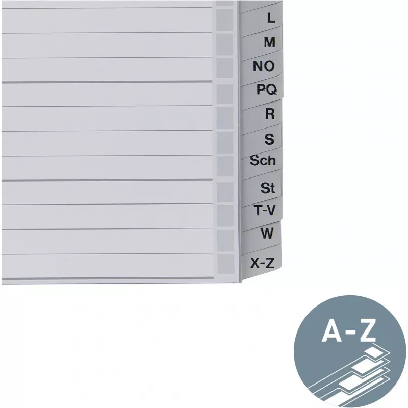 Leitz separador alfabético A-Z, A4, separadores em plástico cinzento sobre cartão 250 g/m², 20 partes, perfuração universal de 11 furos 1262-01-00