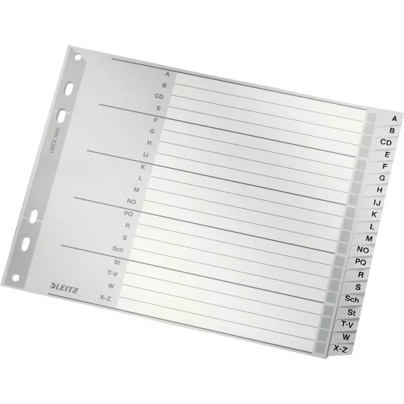 Leitz separador alfabético A-Z, A4, separadores em plástico cinzento sobre cartão 250 g/m², 20 partes, perfuração universal de 11 furos 1262-01-00