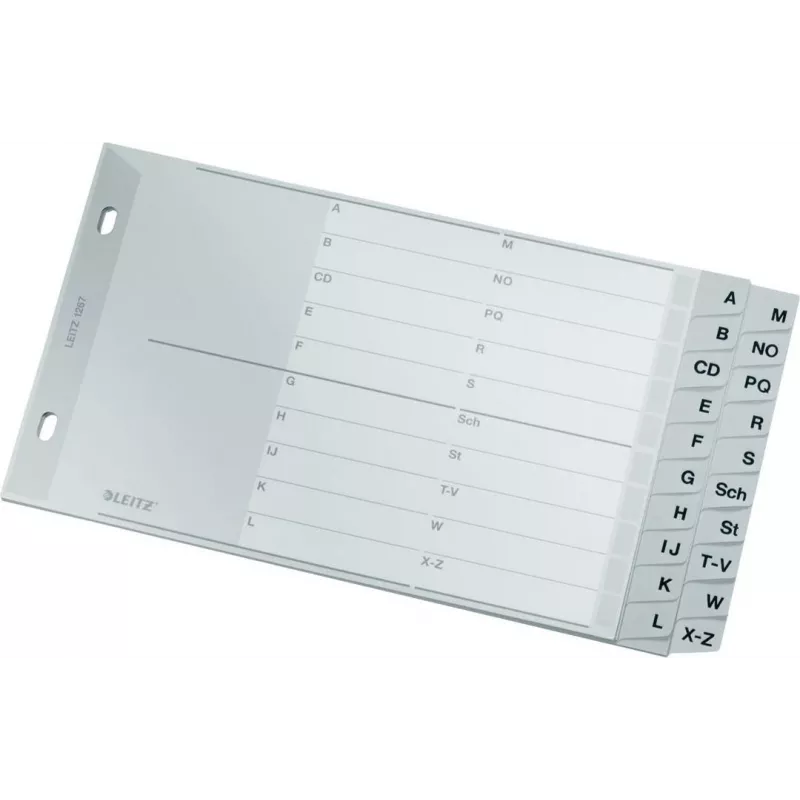 Separador A-Z LEITZ, A5 horizontal, polipropileno, cinzento, 20 divisórias, com capa de cartão para etiquetar 1267-00-00