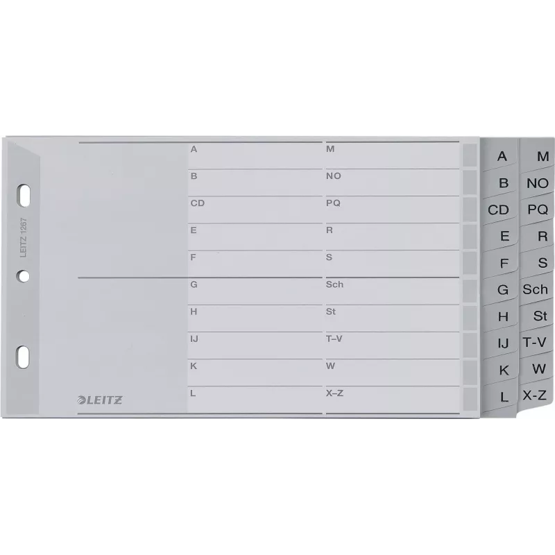 Separador A-Z LEITZ, A5 horizontal, polipropileno, cinzento, 20 divisórias, com capa de cartão para etiquetar 1267-00-00