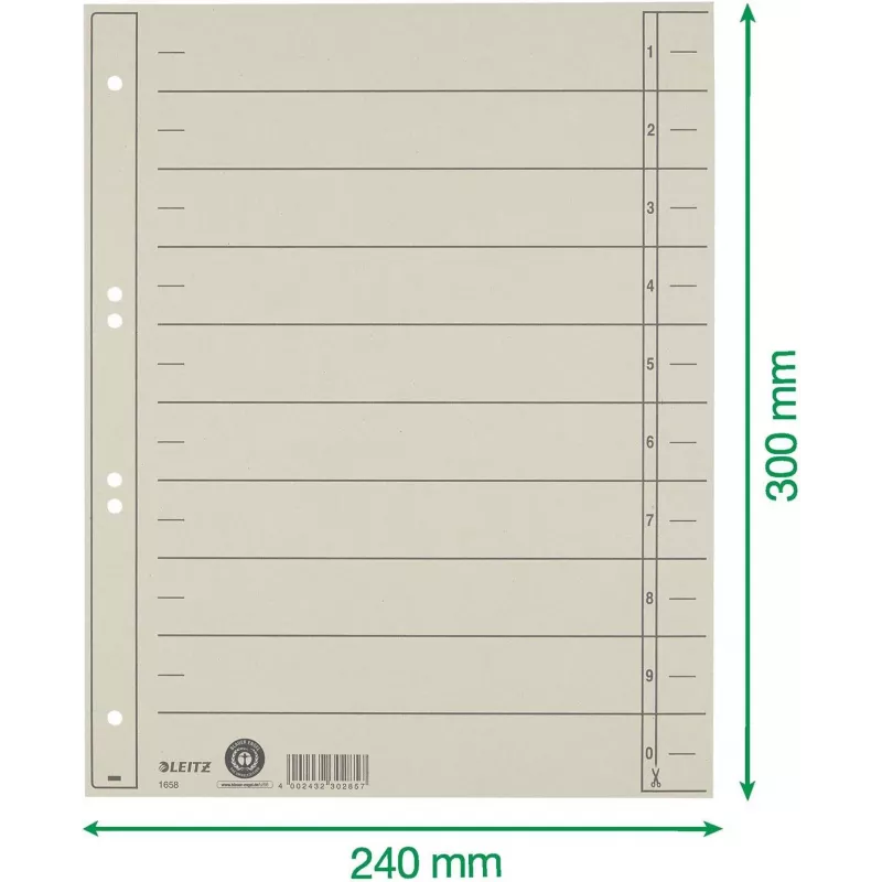 LEITZ Separadores de registo A4 extra largos, cartão manila 230 g/m², cinzento tingido na massa, separadores em branco, 100 folhas 1658-00-85