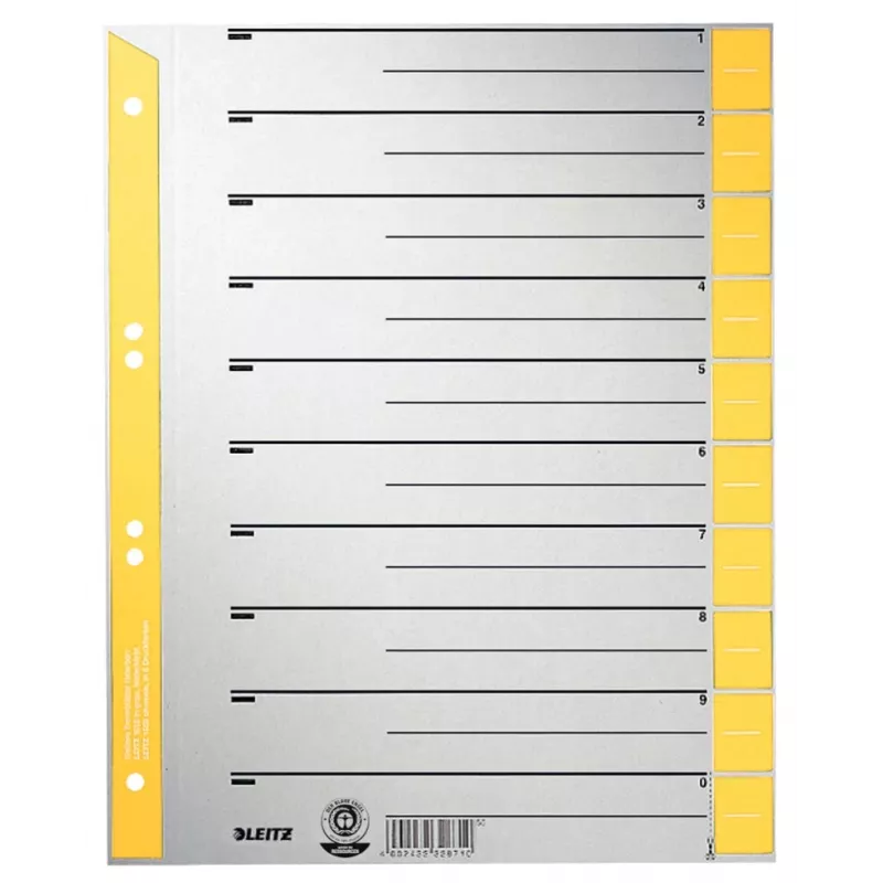Separadores LEITZ A4 de largura extra em cartão kraft, 230 g/m², cinzento com separadores amarelos em branco, conjunto de 10 peças 1652-00-15