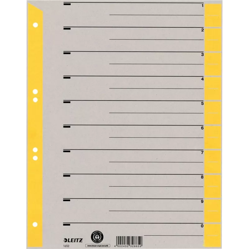 Separadores LEITZ A4 de largura extra em cartão kraft, 230 g/m², cinzento com separadores amarelos em branco, conjunto de 10 peças 1652-00-15