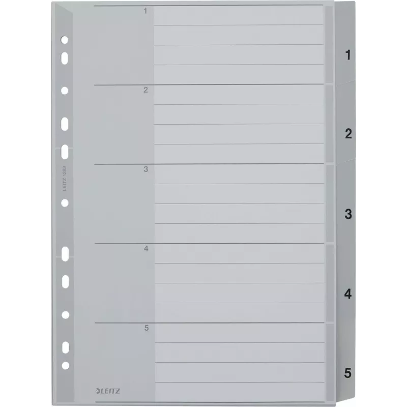 Separadores de índice A4 Extra Wide PP LEITZ 1-5, cinzento com capa escrevível 1283-00-85