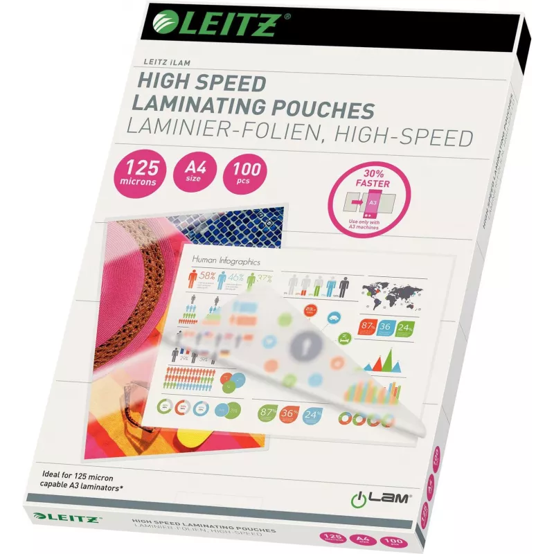 Leitz A4 Películas de Plastificação, 80 Micron, Brilhante, pack de 100, jam-free UDT 7430-00-02