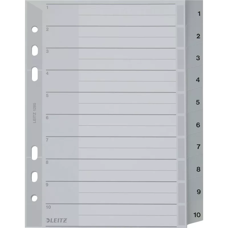 LEITZ Separador de plástico A5, numerado 1-10, cinzento, 10 partes, polipropileno, 0,12 mm, com capa para etiquetar 1285-00-00