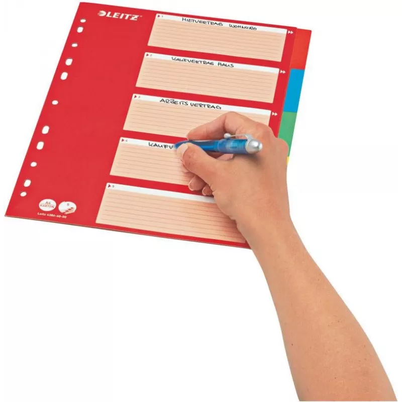 LEITZ Separador de Cartão, Abas Lisas, A4, 5 partes, Multicolor, 160 g/m², com Capa Rotulável Vermelha 250 g/m² (4386-60-00)