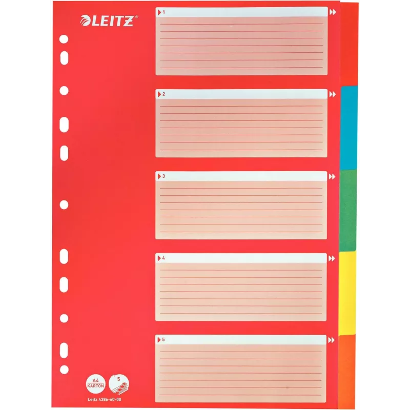 LEITZ Separador de Cartão, Abas Lisas, A4, 5 partes, Multicolor, 160 g/m², com Capa Rotulável Vermelha 250 g/m² (4386-60-00)