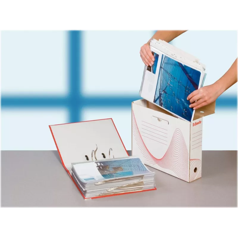 LEITZ Esselte Caixa de arquivo, lombada 100 mm, cartão canelado branco com linhas pré-impressas para organização (128201)