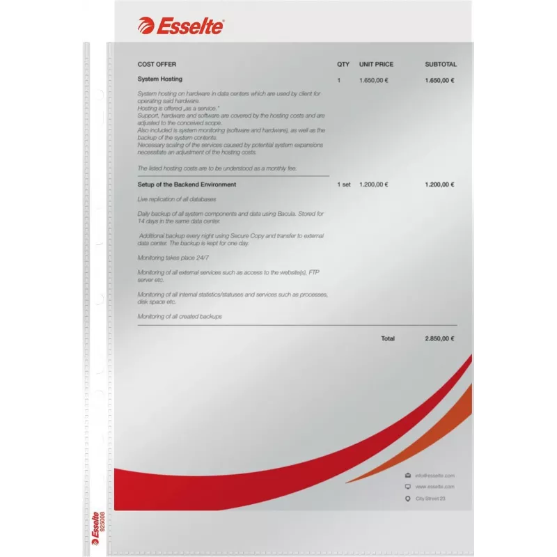 LEITZ Esselte Capa de documento standard A4, polipropileno, cristalino, 0,06 mm, abertura superior, segurança de documento, perfuração múltipla, bordo reforçado, pack de 100 (925008)