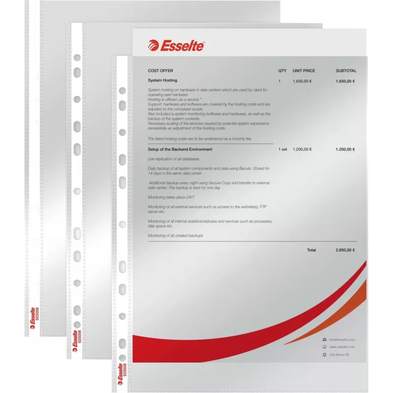 LEITZ Esselte Capa de documento standard A4, polipropileno, cristalino, 0,06 mm, abertura superior, segurança de documento, perfuração múltipla, bordo reforçado, pack de 100 (925008)