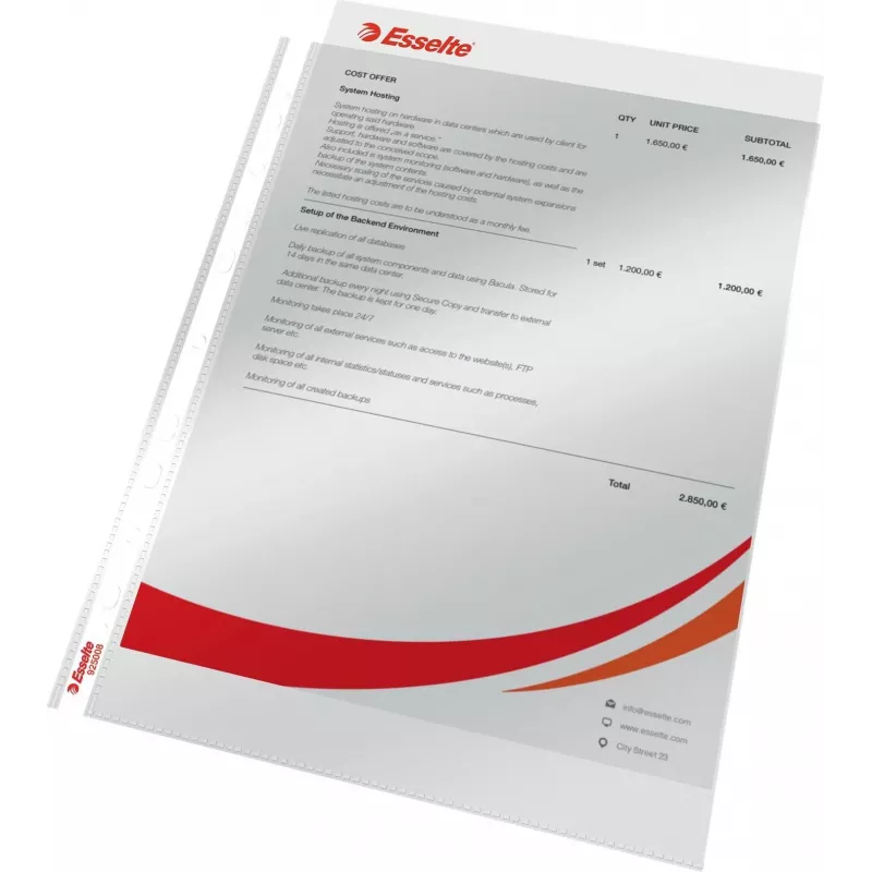 LEITZ Esselte Capa de documento standard A4, polipropileno, cristalino, 0,06 mm, abertura superior, segurança de documento, perfuração múltipla, bordo reforçado, pack de 100 (925008)