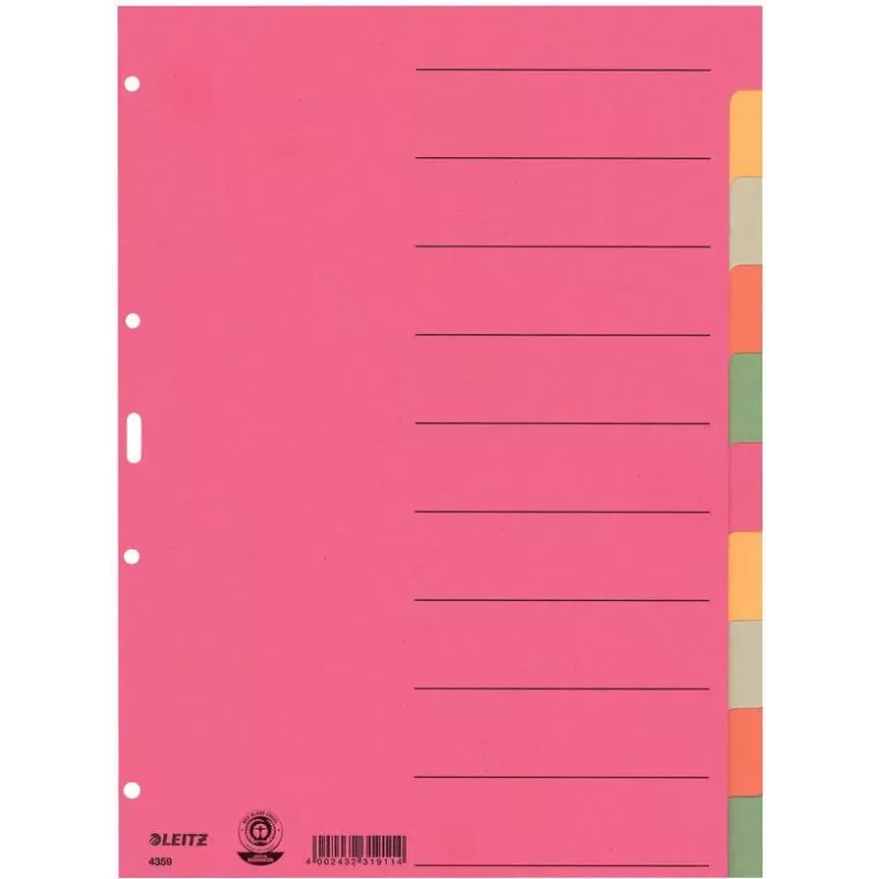 LEITZ separadores de cartão extra resistentes, separadores em branco, A4, 10 partes, multicolor, 230 g/m², cartão tingido em 5 cores (4359-00-00)
