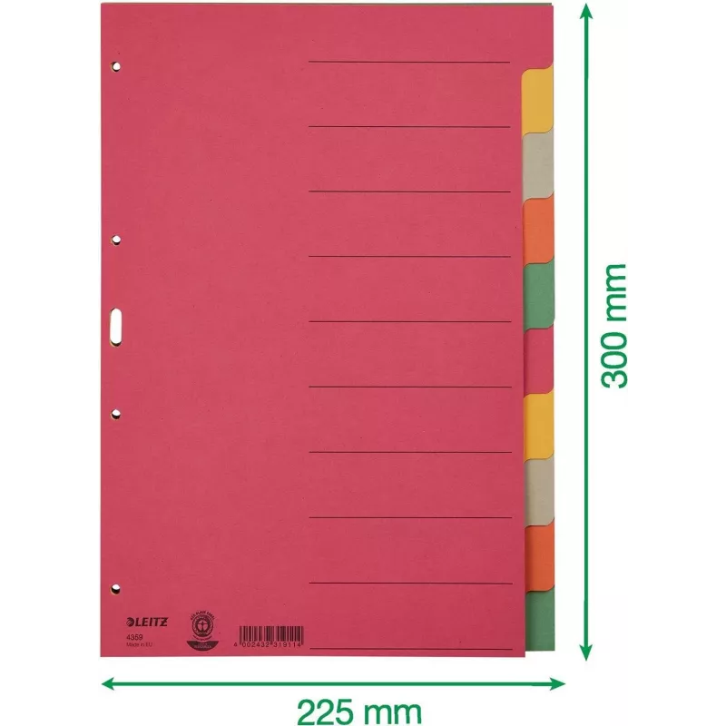 LEITZ separadores de cartão extra resistentes, separadores em branco, A4, 10 partes, multicolor, 230 g/m², cartão tingido em 5 cores (4359-00-00)