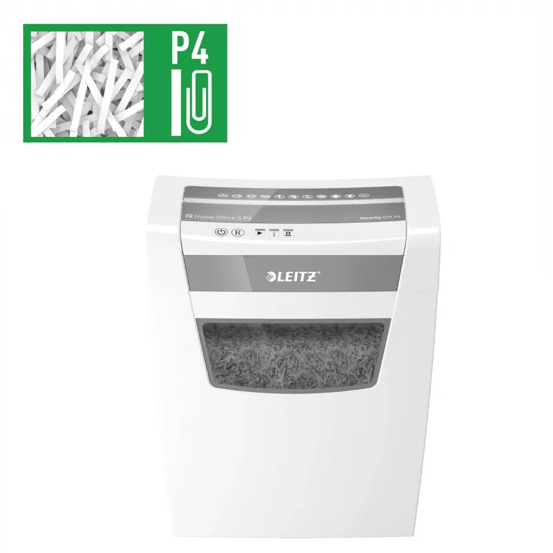 LEITZ IQ Home Office S P-4 Destruidora de documentos de corte em partículas, 8 folhas, 10 L, branco (80360000)