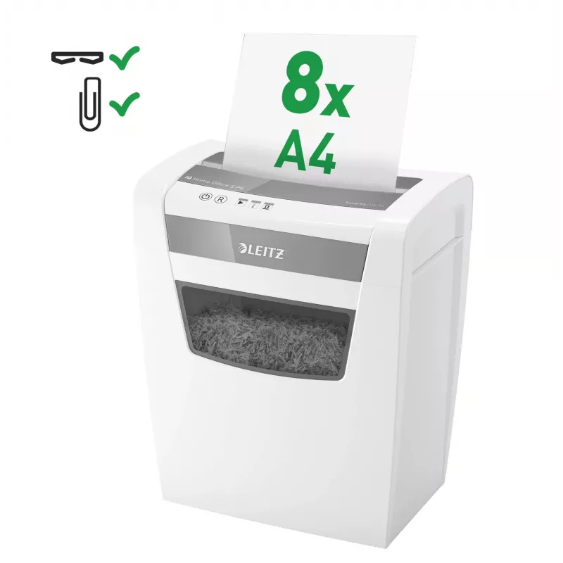 LEITZ IQ Home Office S P-4 Destruidora de documentos de corte em partículas, 8 folhas, 10 L, branco (80360000)