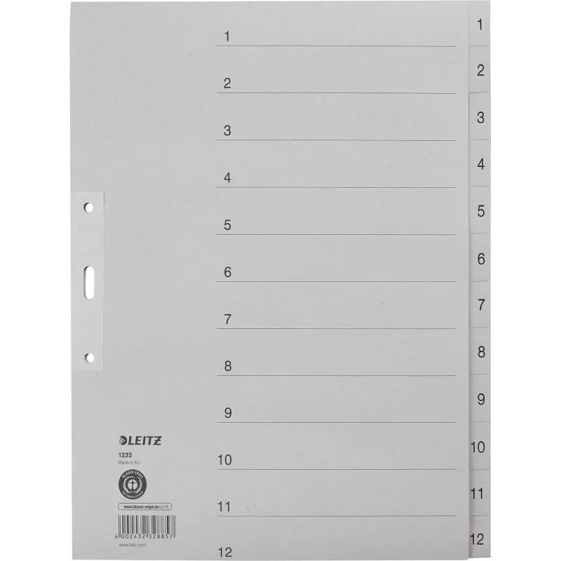 LEITZ Separador Manila, Numérico 1-12, A4 Extra Largo, Cinzento, 12 partes, 100 g/m², Furação 80 mm, Furos Reforçados 1233-00-85