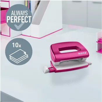 Perfurador de metal mini Leitz NeXXt Series WOW, rosa, 2 furos, 10 folhas, acabamento metálico 5060-10-23