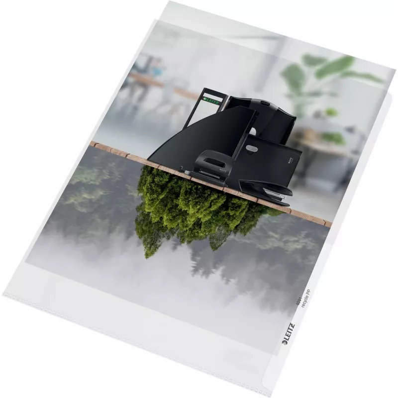 LEITZ re:cycle A4 Capa de Apresentação, 100 % PP Reciclado, 0,13 mm Texturado, Aberta em Cima e nos Lados, Transparente, pack de 10 4401-10-03