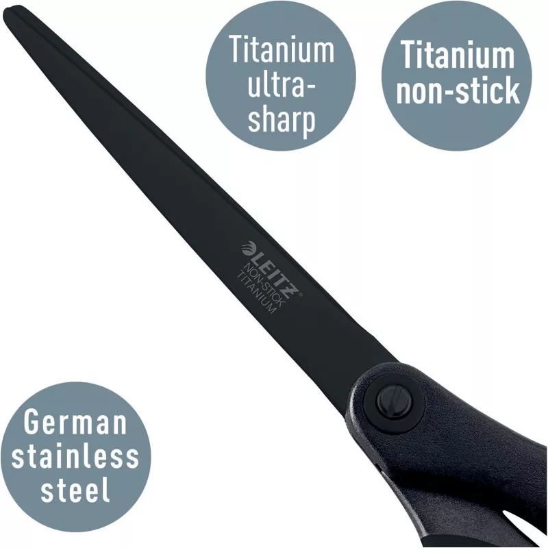 Leitz Titanium Quality Tesoura 180 mm, lâminas de aço inoxidável com revestimento de titânio, punhos ergonómicos Soft-Grip, preto/vermelho, para papel e tecido 5419-60-95