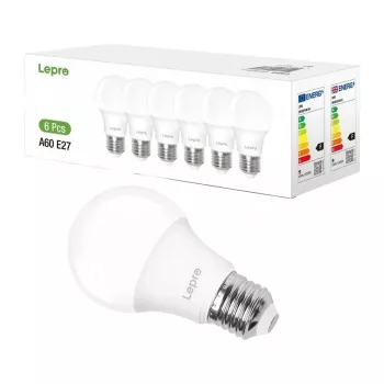 LEPRO 100090-DW-EU-6 Lâmpada LED, E27, A60, 8,5 W (equivalente a 60 W), 806 lm, 6500 K branco frio, ângulo de abertura 180°, pack de 6