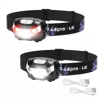 LEPRO 3200008-2 Lanterna de cabeça LED, pack de 2, 300 lúmenes, recarregável, IPX4, preta