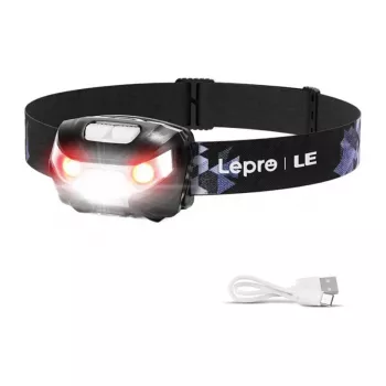 LEPRO 3200008 Lanterna de cabeça recarregável com sensor de movimento, 300 lúmenes, IPX4, 6 modos, Preto