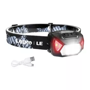 LEPRO 320014 Lanterna de cabeça LED recarregável por USB com foco CREE XPE, luz COB, luz vermelha, IPX4 à prova de água, 300 lúmenes, bateria 1200mAh, faixa elástica ajustável - Preto