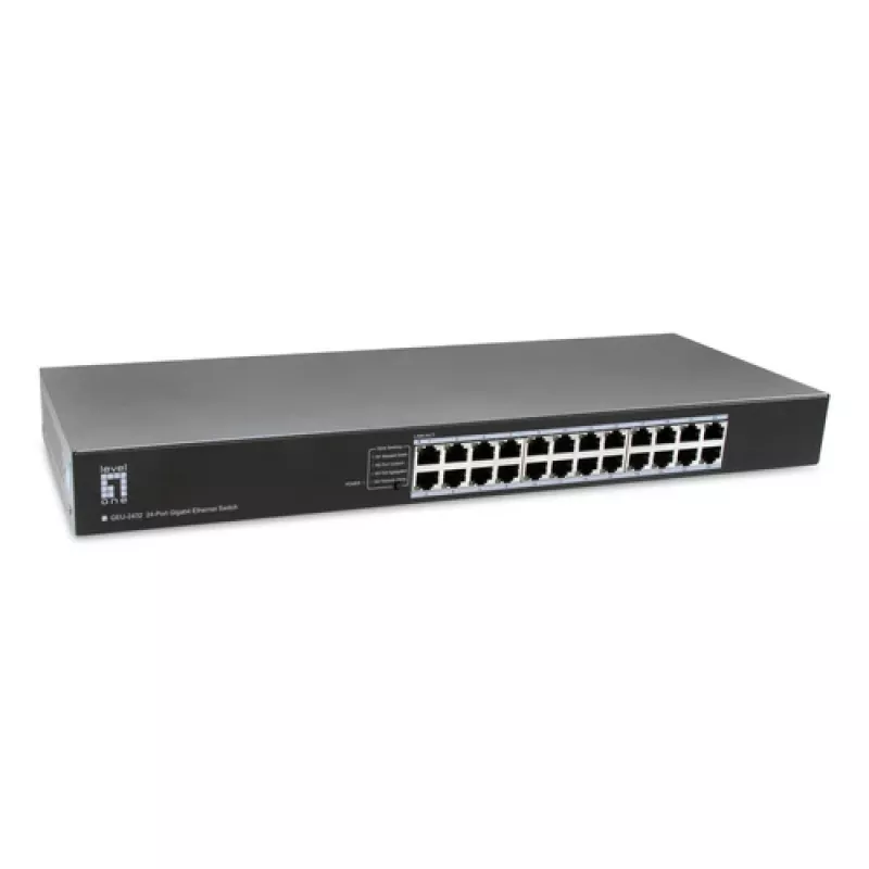 LevelOne GEU-2432 Switch Gigabit Ethernet 24 portas, DIP switch de 4 modos, montagem em rack 19 polegadas, não gerido, caixa metálica