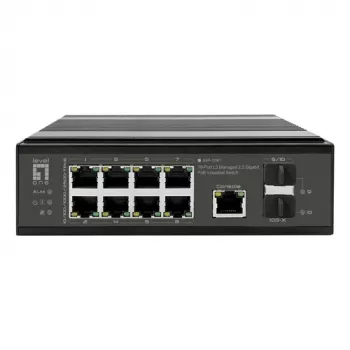 LevelOne switch industrial PoE+ 8x 2,5G PoE, 2x 1G, 2x 10G SFP+ Uplinks, não gerido, calha DIN, IP30
