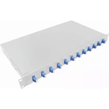 Caixa de fusão LogiLink 19 polegadas 1U para rack LC-Duplex 12 portas monomodo OS2, totalmente equipada, cinzento-claro F12LC2G