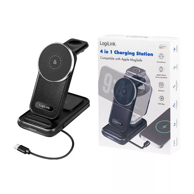 Logilink Carregador de Mesa Sem Fios 4-em-1, Estação de Carregamento Qi 15W (PA0292)