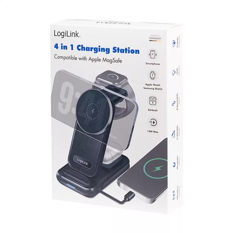Logilink Carregador de Mesa Sem Fios 4-em-1, Estação de Carregamento Qi 15W (PA0292)