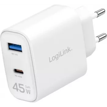 Carregador de parede USB GaN LogiLink 45W, 1x USB-C PD, 1x USB-A QC, branco, ficha europeia (PA0410)